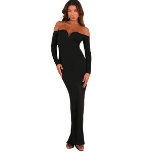 NEW Lulus Opulent Perfection Black Long Sleeve Off-the-Shoulder Maxi Dress,‎ L